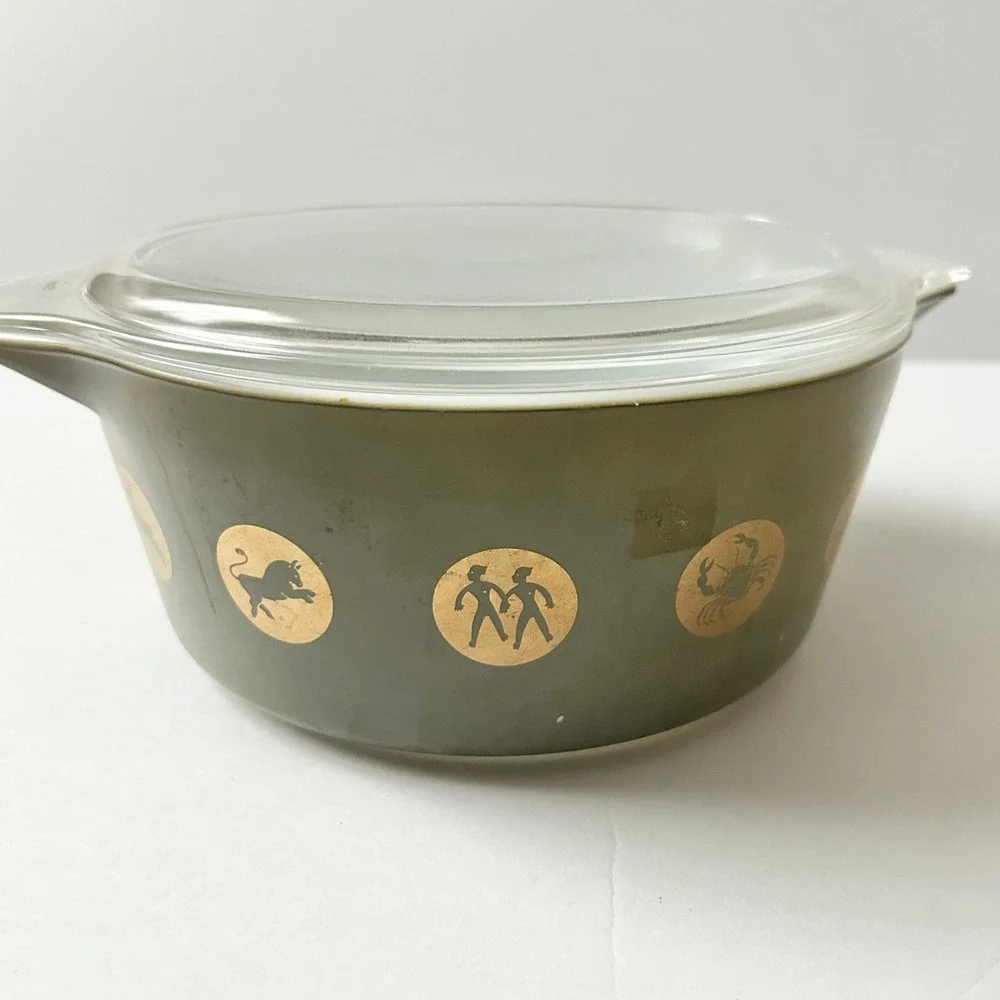 Vintage Pyrex Zodiac Casserole Dish 473 Olive Green Gold 1960s MCM with Lid